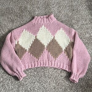 Altar’d State Pink Argyle Cropped Sweater